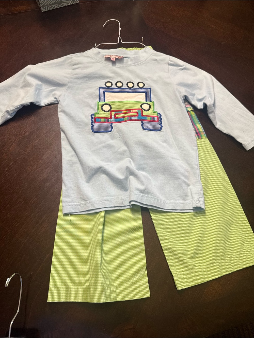 Light Blue Truck Applique Kids Pajama Set with Lime Green Pants see description
